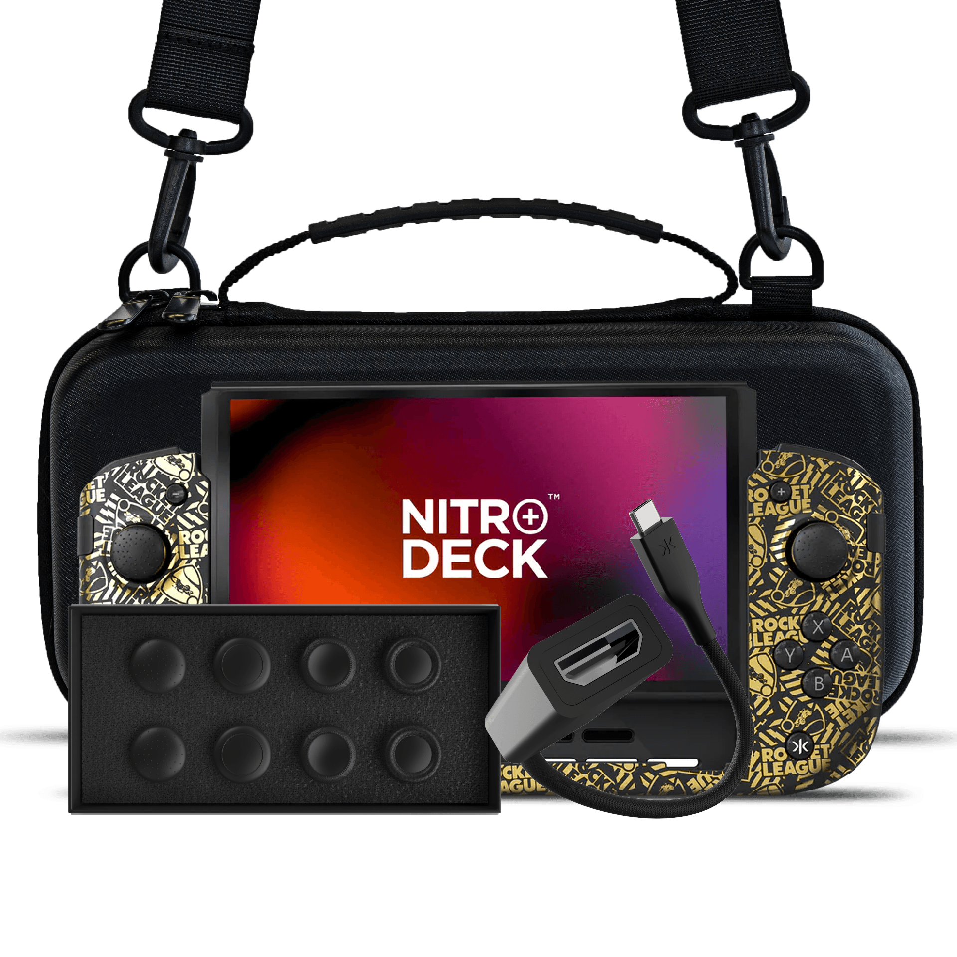 Nitro Deck+ Rocket League Gold Edition w/ Carry Case + HDMI Adapter + Stick Top 8 Pack Bundle